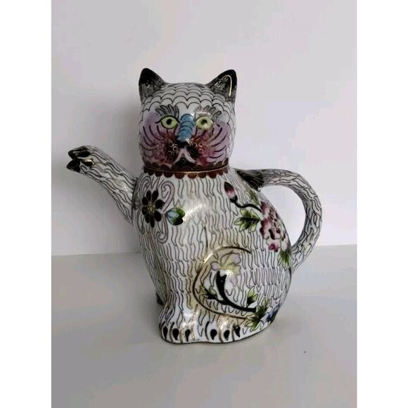 Vintage Figural Cat Cloisonné Teapot 5.5 in L x 5in H x 3in W - Picture 1 of 6
